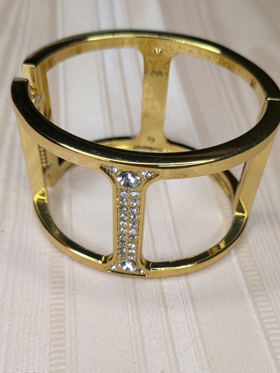 Vintage Jewelry - Vintage 80s Gold & Crystal Bracelet Wide Clamper Open Cuff Elegant